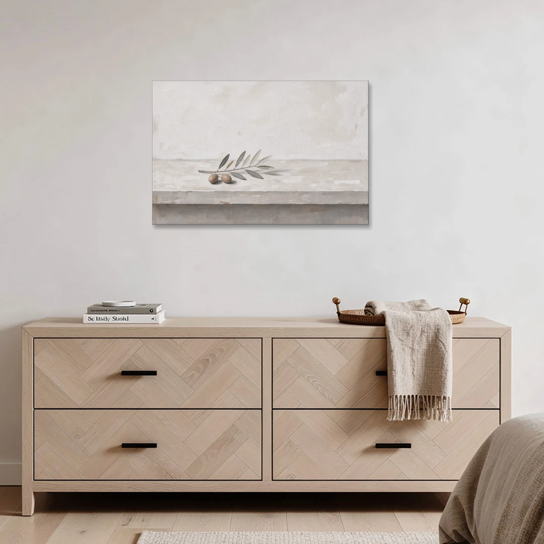 Olive Sprig on a Whitewashed Plaster Ledge - Canvas Wall Art - Coffee Table - 36x24