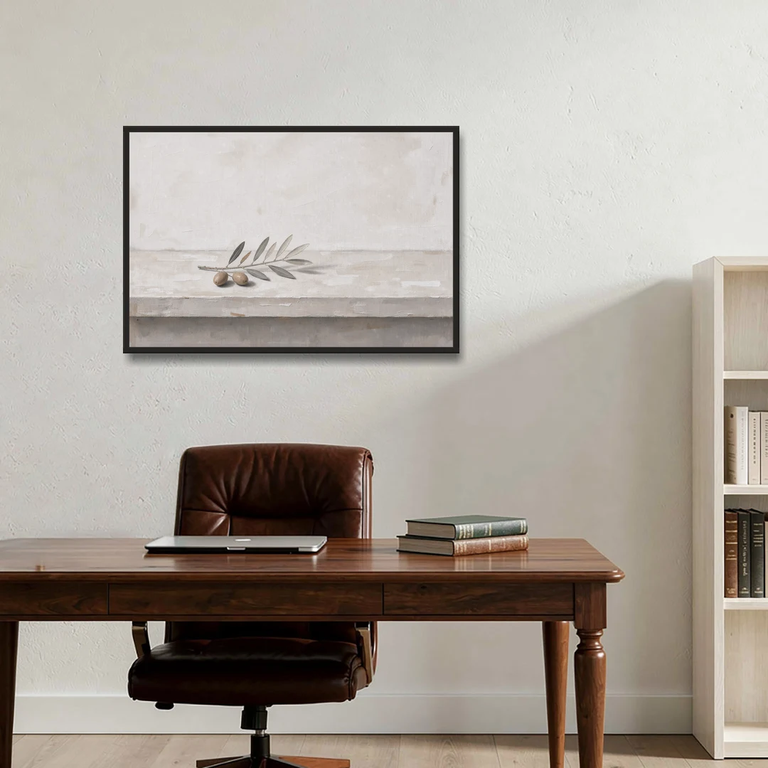 Olive Sprig on a Whitewashed Plaster Ledge - Black Framed Canvas Wall Art - Office - 36x24