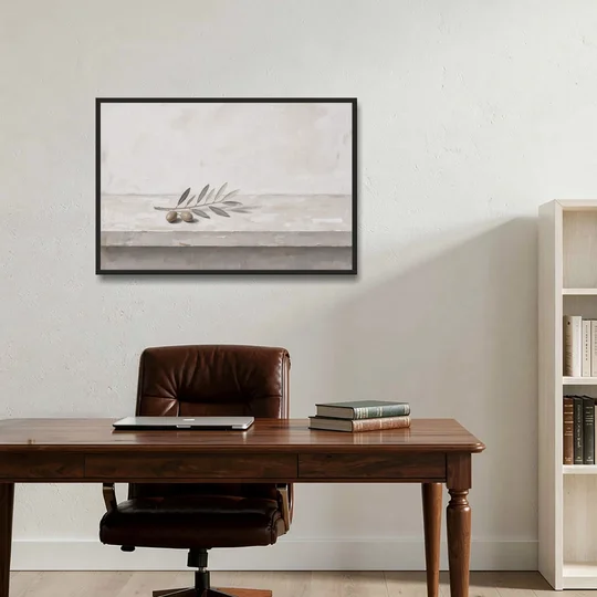 Olive Sprig on a Whitewashed Plaster Ledge - Black Framed Canvas Wall Art - Office - 36x24