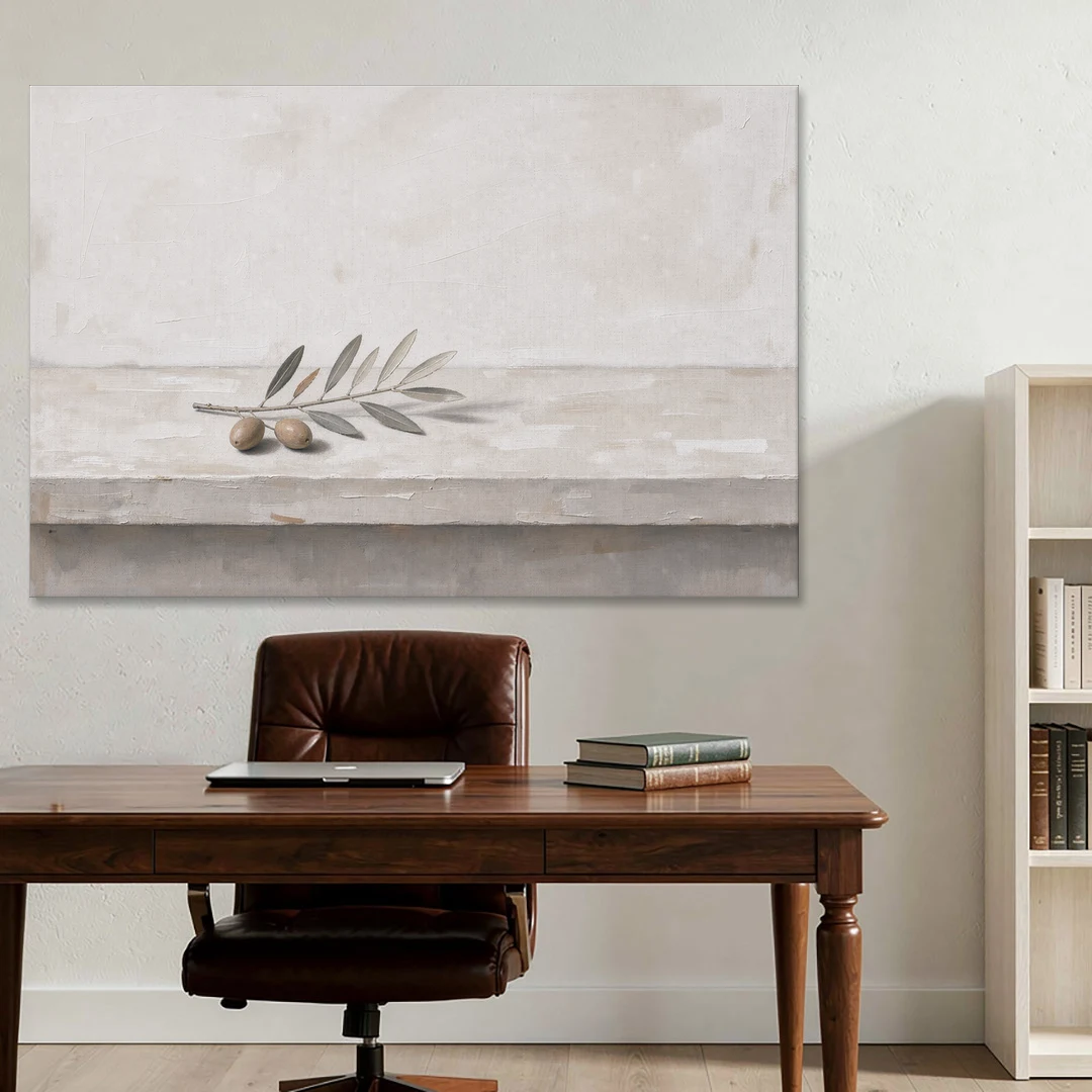 Olive Sprig on a Whitewashed Plaster Ledge - Canvas Wall Art - Office - 60x40