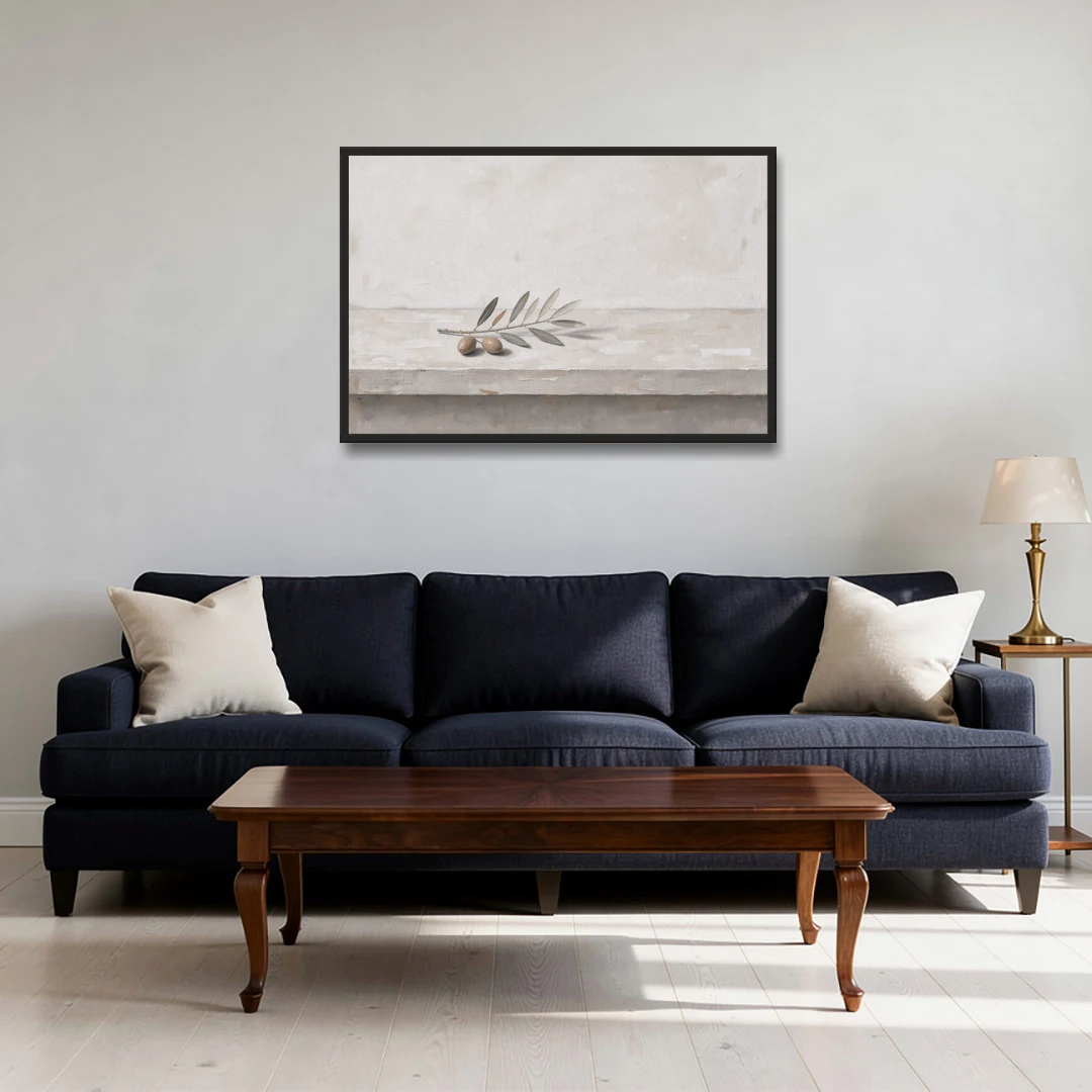 Olive Sprig on a Whitewashed Plaster Ledge - Black Framed Canvas Wall Art - Sofa - 36x24
