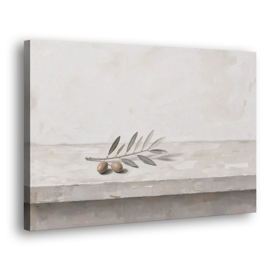 Olive Sprig on a Whitewashed Plaster Ledge - Canvas Wall Art - Side