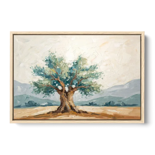 Olive Tree Painting on a Sunlit Terrace - Oak Framed Canvas Wall Art - Front