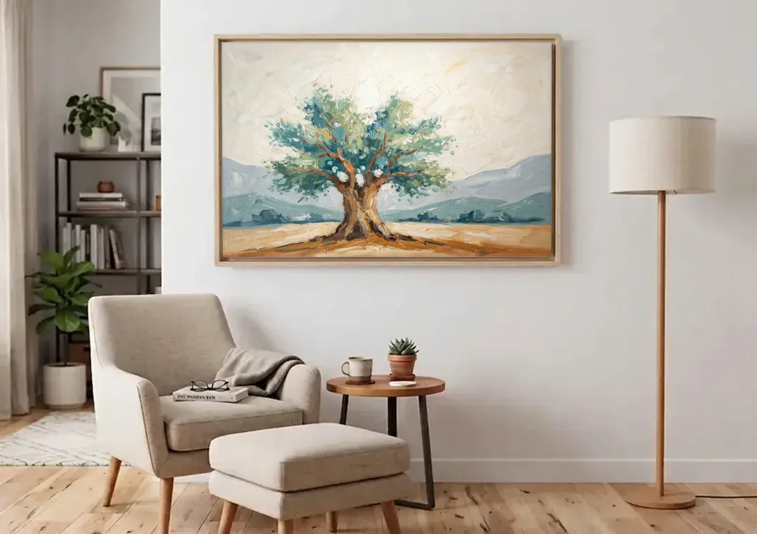 Olive Tree Painting on a Sunlit Terrace canvas wall art above an armchair in a bright living room
