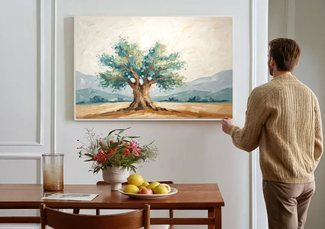 Olive Tree Painting on a Sunlit Terrace canvas wall art above a dining table