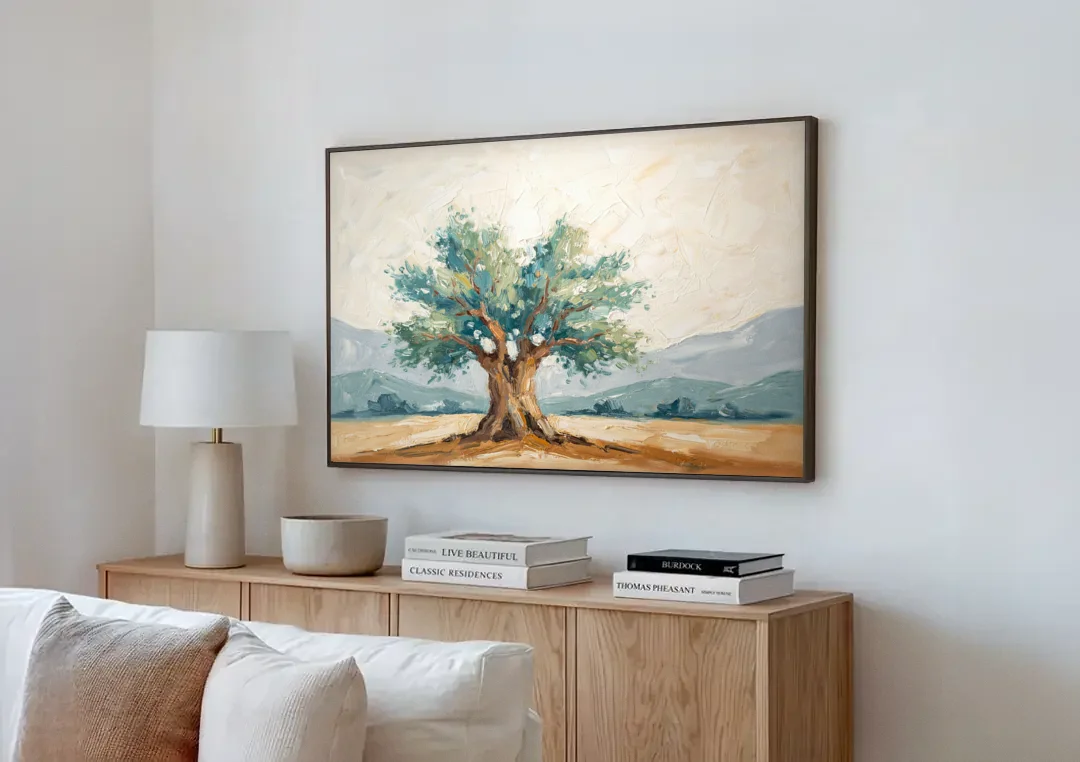 Olive Tree Painting on a Sunlit Terrace canvas wall art above a wooden sideboard next to a sofa