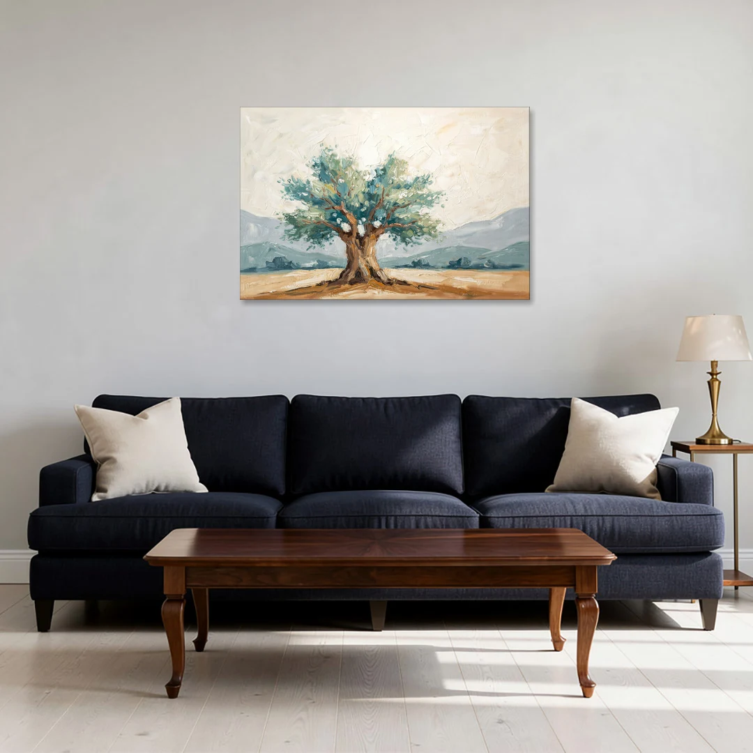 Olive Tree Painting on a Sunlit Terrace - Canvas Wall Art - Sofa - 36x24