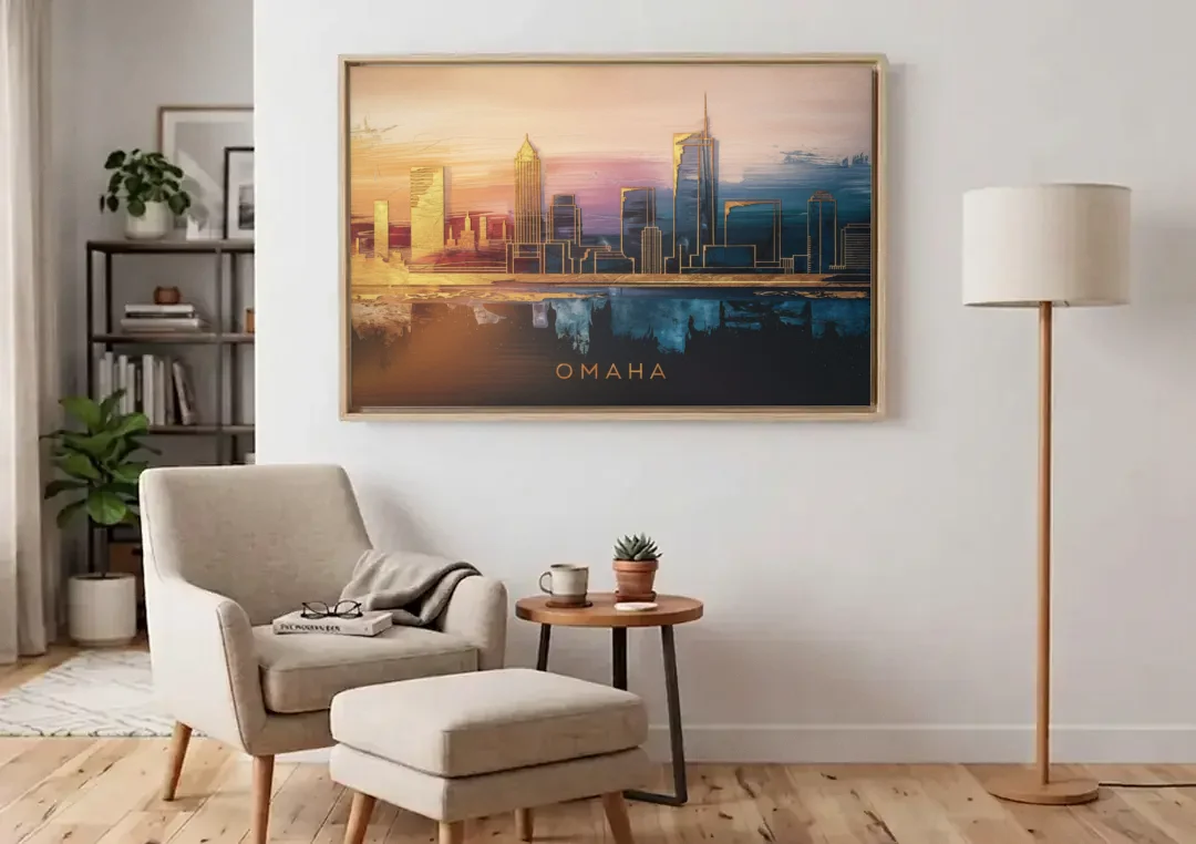 Omaha City Skyline canvas wall art above an armchair in a bright living room