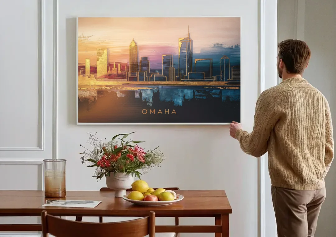 Omaha City Skyline canvas wall art above a dining table