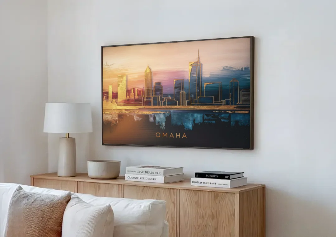 Omaha City Skyline canvas wall art above a wooden sideboard next to a sofa