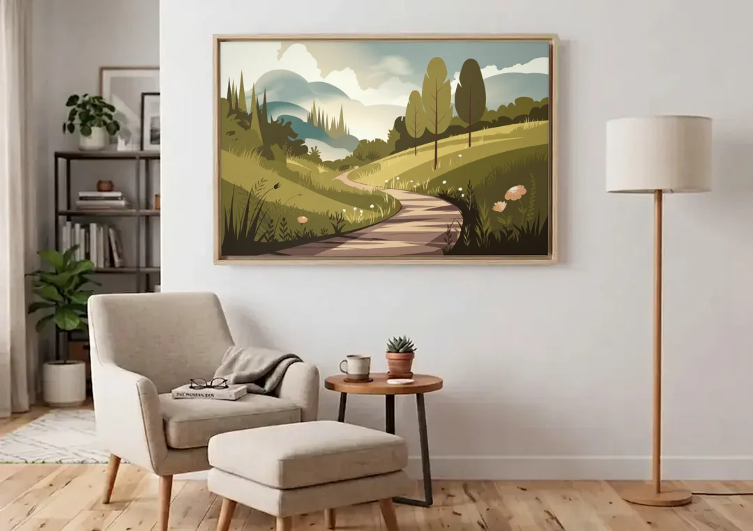 Omaha Nature Trails canvas wall art above an armchair in a bright living room