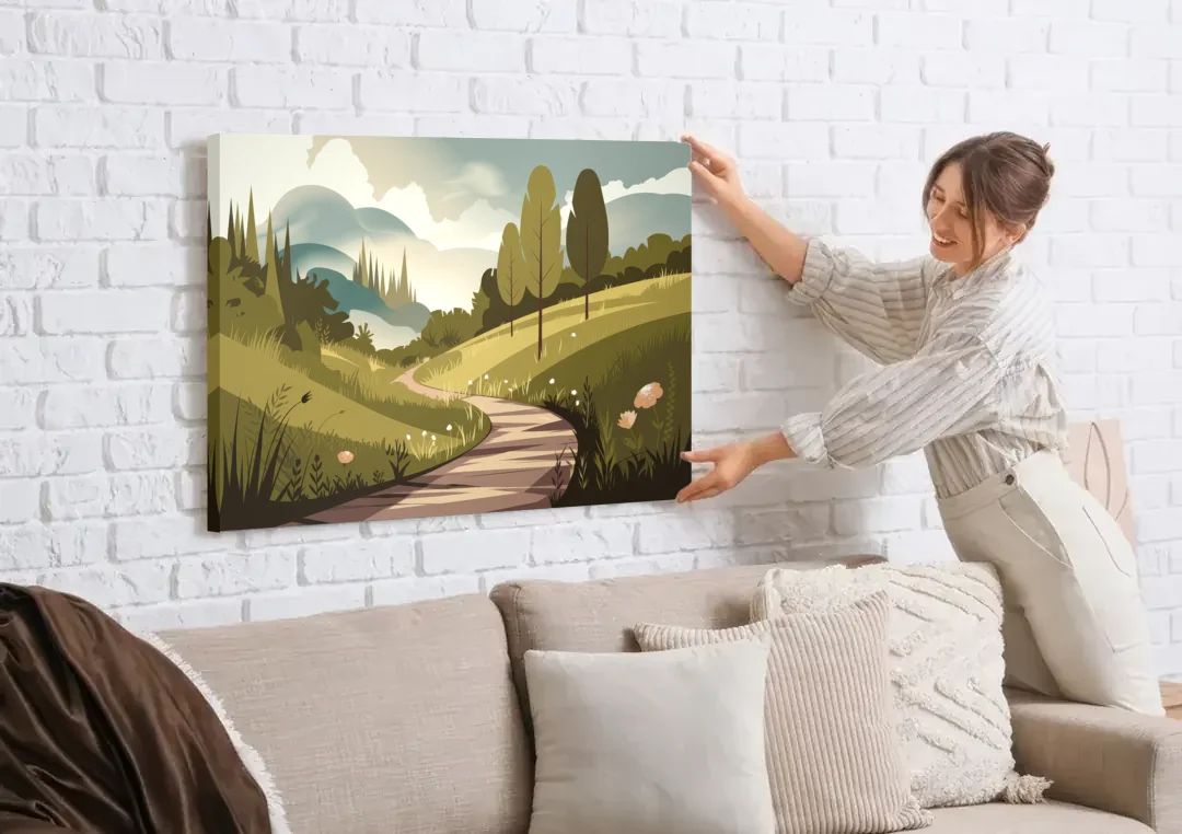Omaha Nature Trails canvas wall art being hung on a white brick wall above a sofa