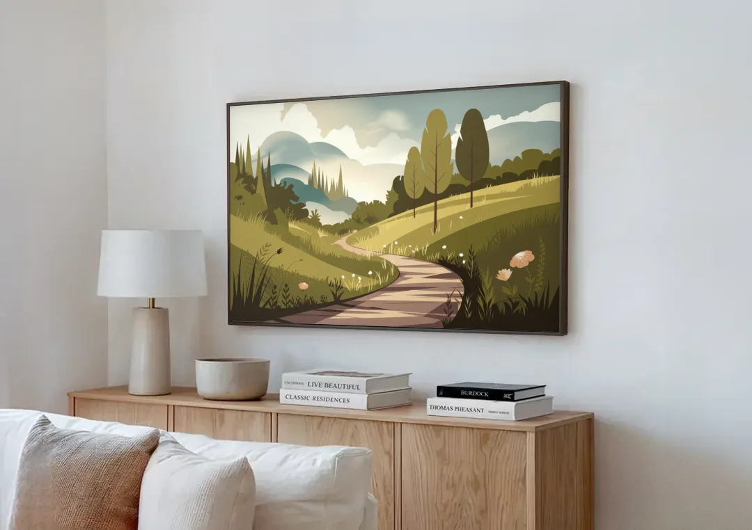 Omaha Nature Trails canvas wall art above a wooden sideboard next to a sofa