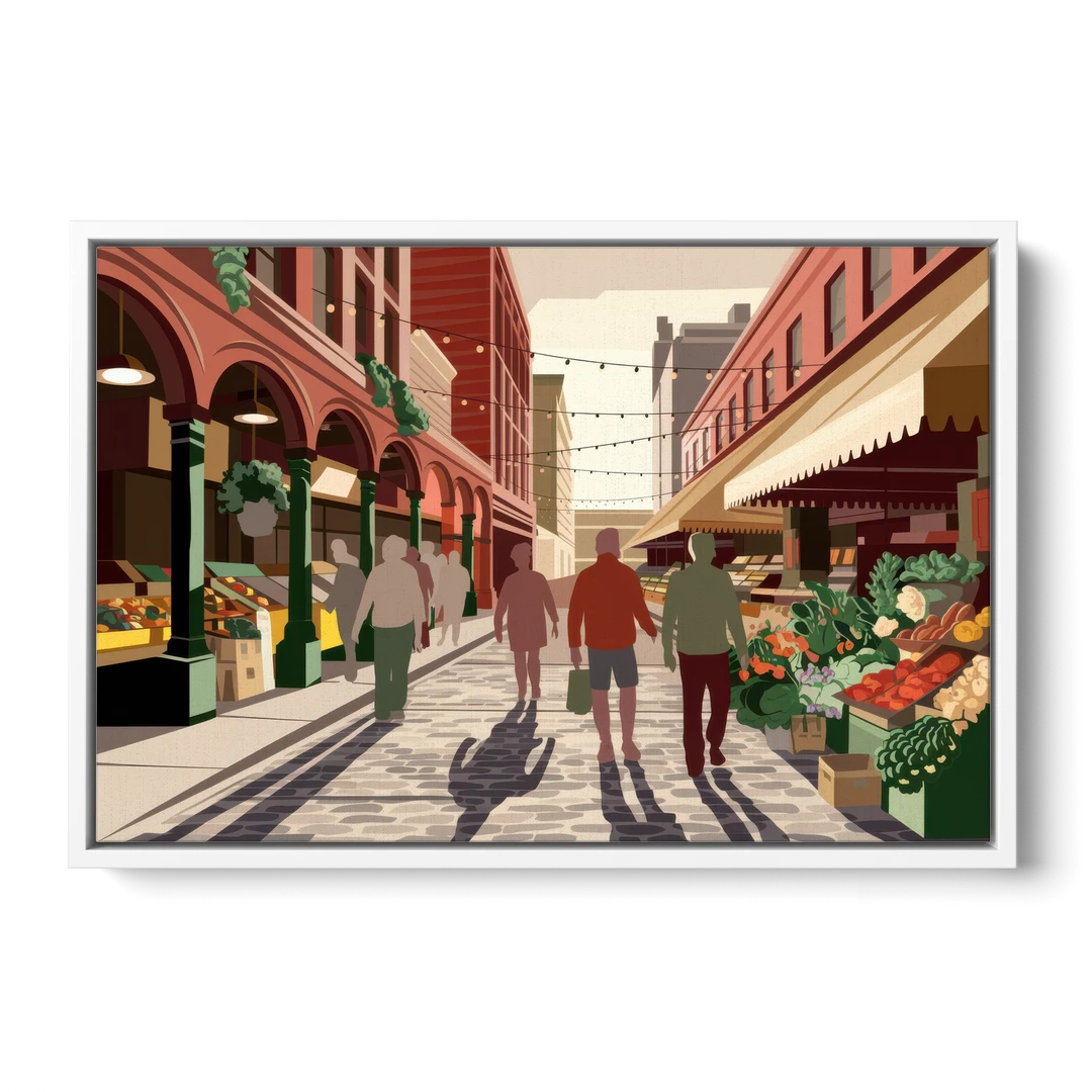 Omaha Old Market Charm - White Framed Canvas Wall Art - Front