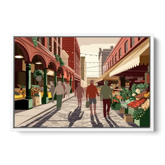 Omaha Old Market Charm - White Framed Canvas Wall Art - Front