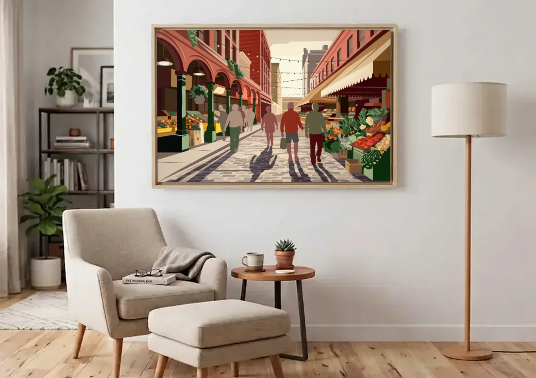 Omaha Old Market Charm canvas wall art above an armchair in a bright living room