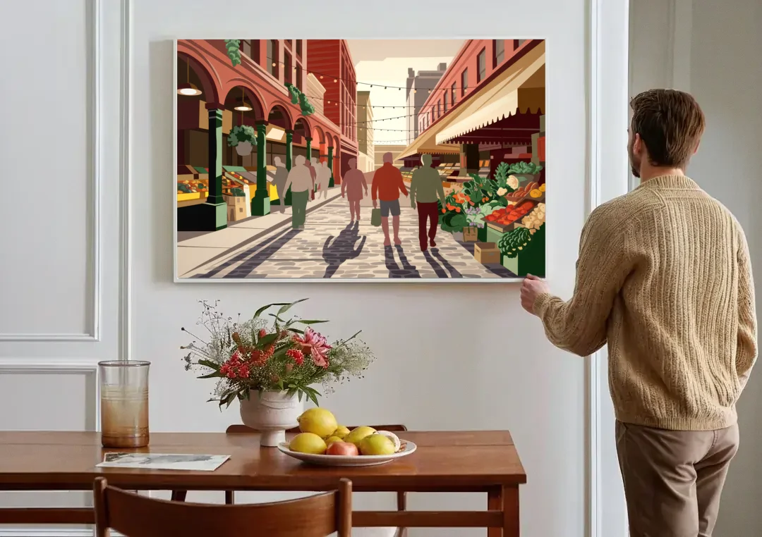 Omaha Old Market Charm canvas wall art above a dining table