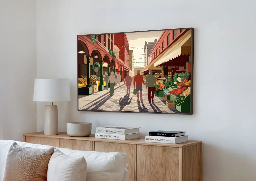 Omaha Old Market Charm canvas wall art above a wooden sideboard next to a sofa