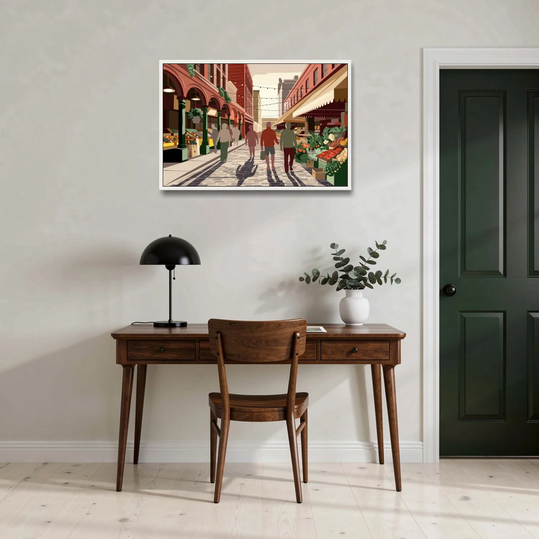 Omaha Old Market Charm - White Framed Canvas Wall Art - Office - 36x24