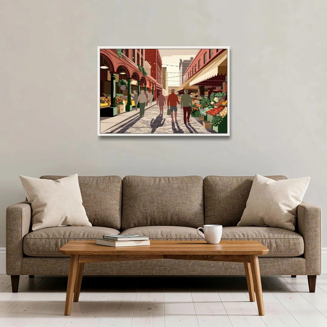 Omaha Old Market Charm - White Framed Canvas Wall Art - Sofa - 36x24