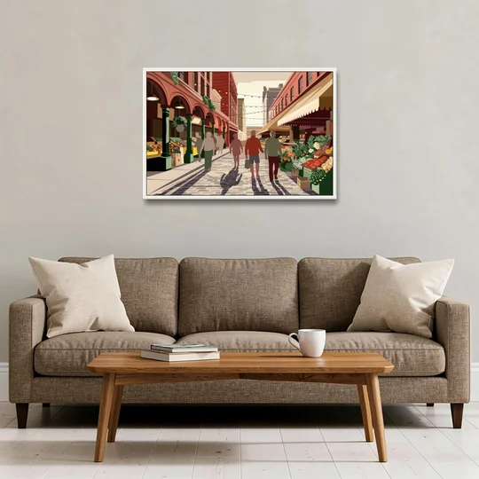 Omaha Old Market Charm - White Framed Canvas Wall Art - Sofa - 36x24