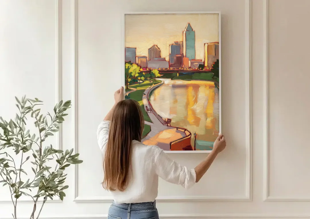 Omaha Scenic Riverfront canvas wall art being hung on a paneled wall