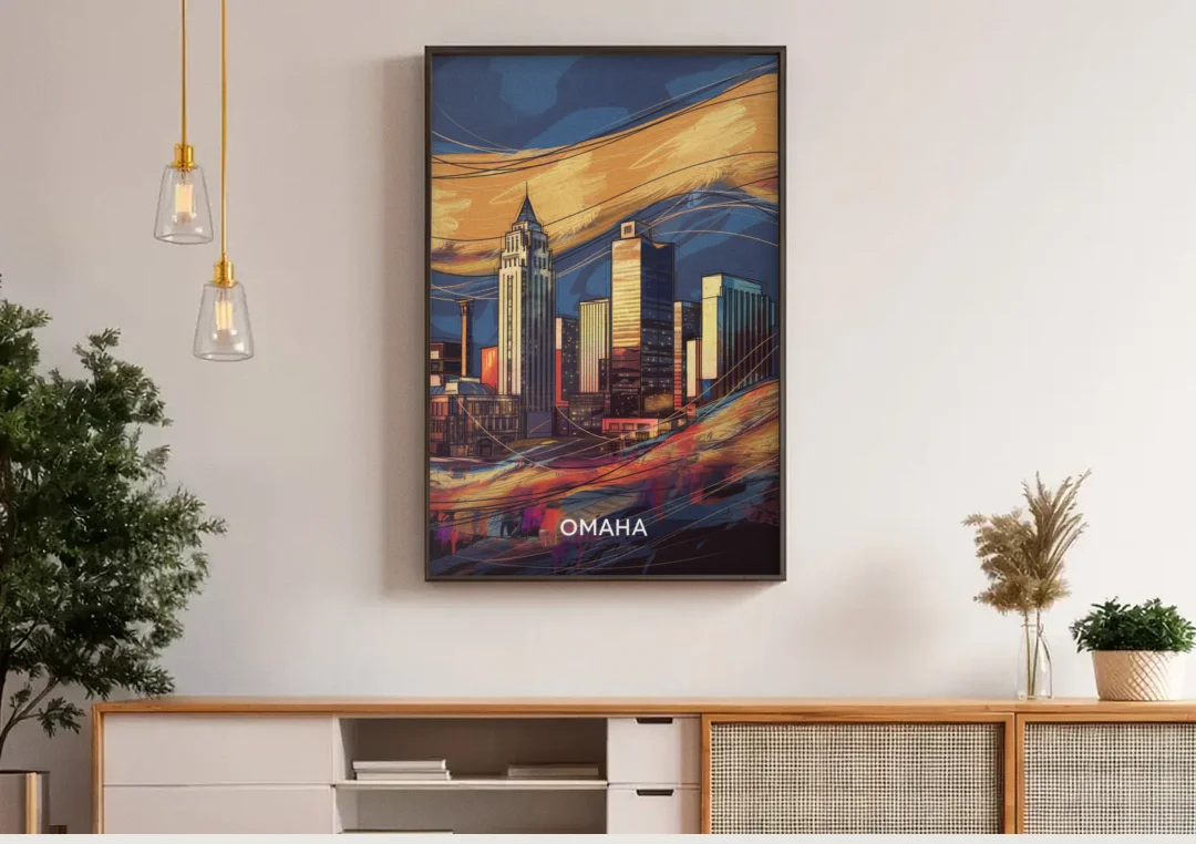 Omaha Urban Aesthetic canvas wall art above a wooden sideboard under pendant lights
