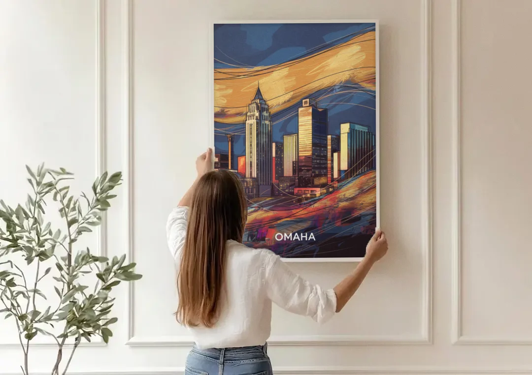 Omaha Urban Aesthetic canvas wall art being hung on a paneled wall