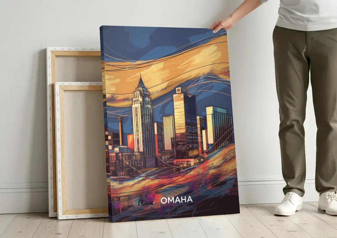 Omaha Urban Aesthetic canvas wall art leaning against a wall next to blank canvases