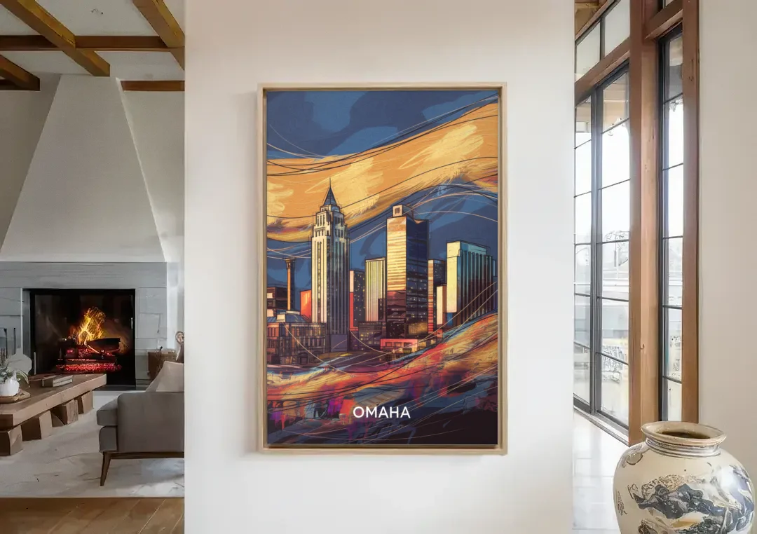Omaha Urban Aesthetic canvas wall art in a living room with a fireplace