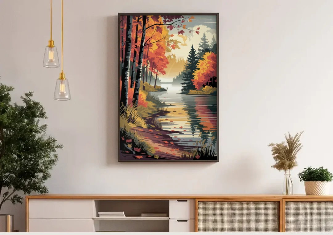 Ontario Autumn Colors canvas wall art above a wooden sideboard under pendant lights