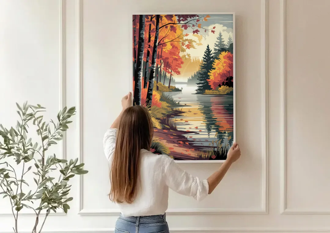 Ontario Autumn Colors canvas wall art being hung on a paneled wall