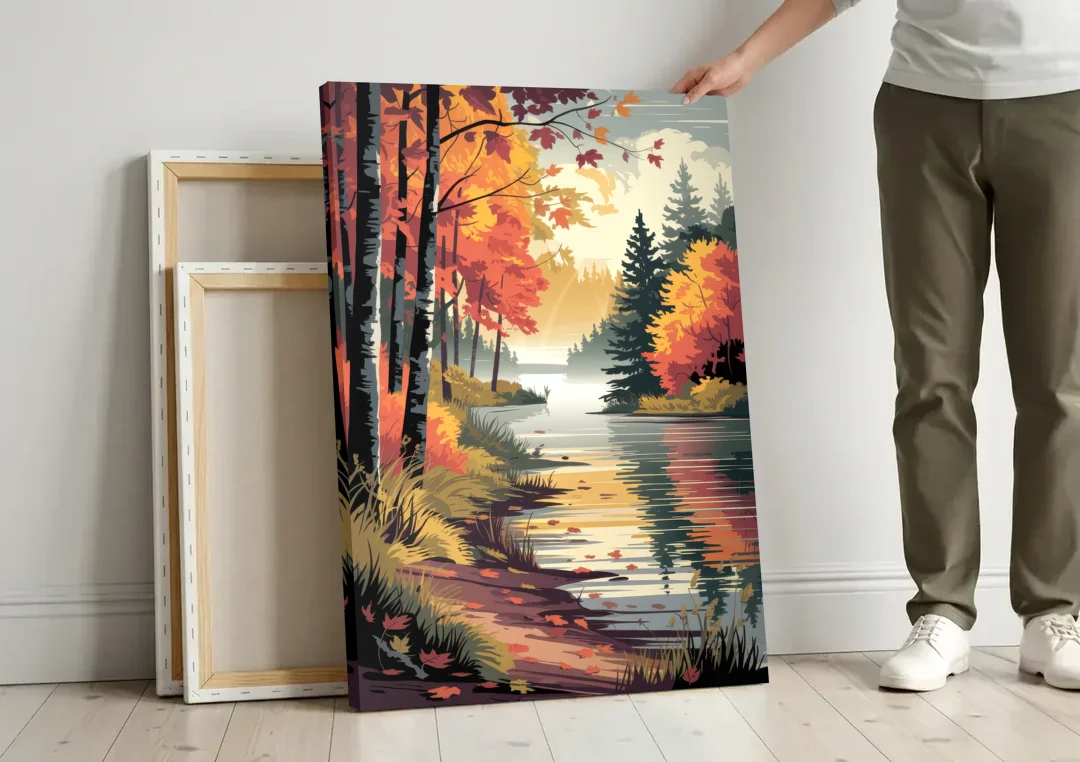 Ontario Autumn Colors canvas wall art leaning against a wall next to blank canvases