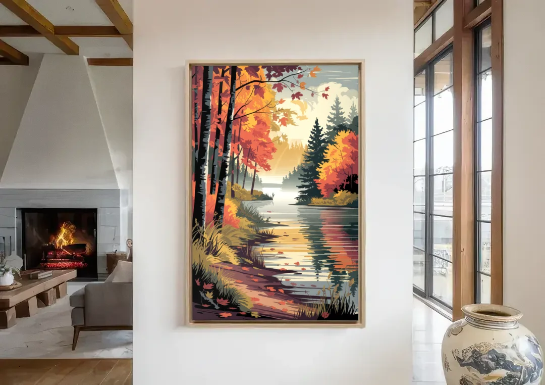 Ontario Autumn Colors canvas wall art in a living room with a fireplace