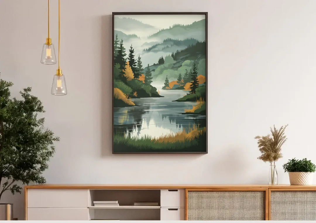 Ontario Lake Reflections canvas wall art above a wooden sideboard under pendant lights