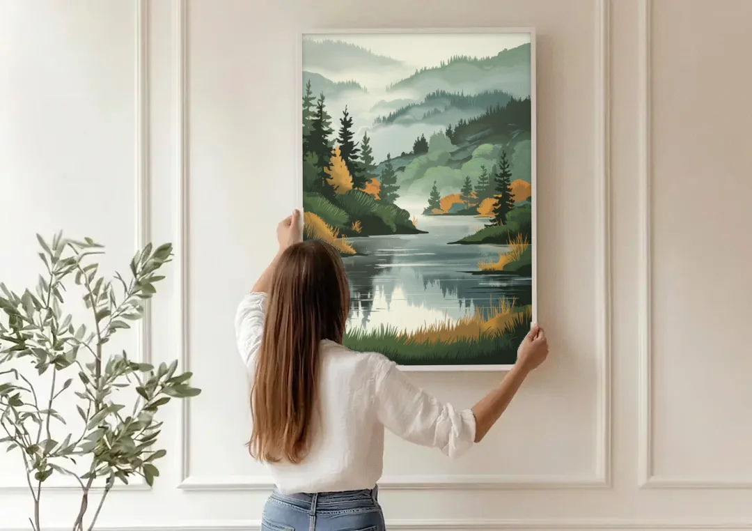 Ontario Lake Reflections canvas wall art being hung on a paneled wall