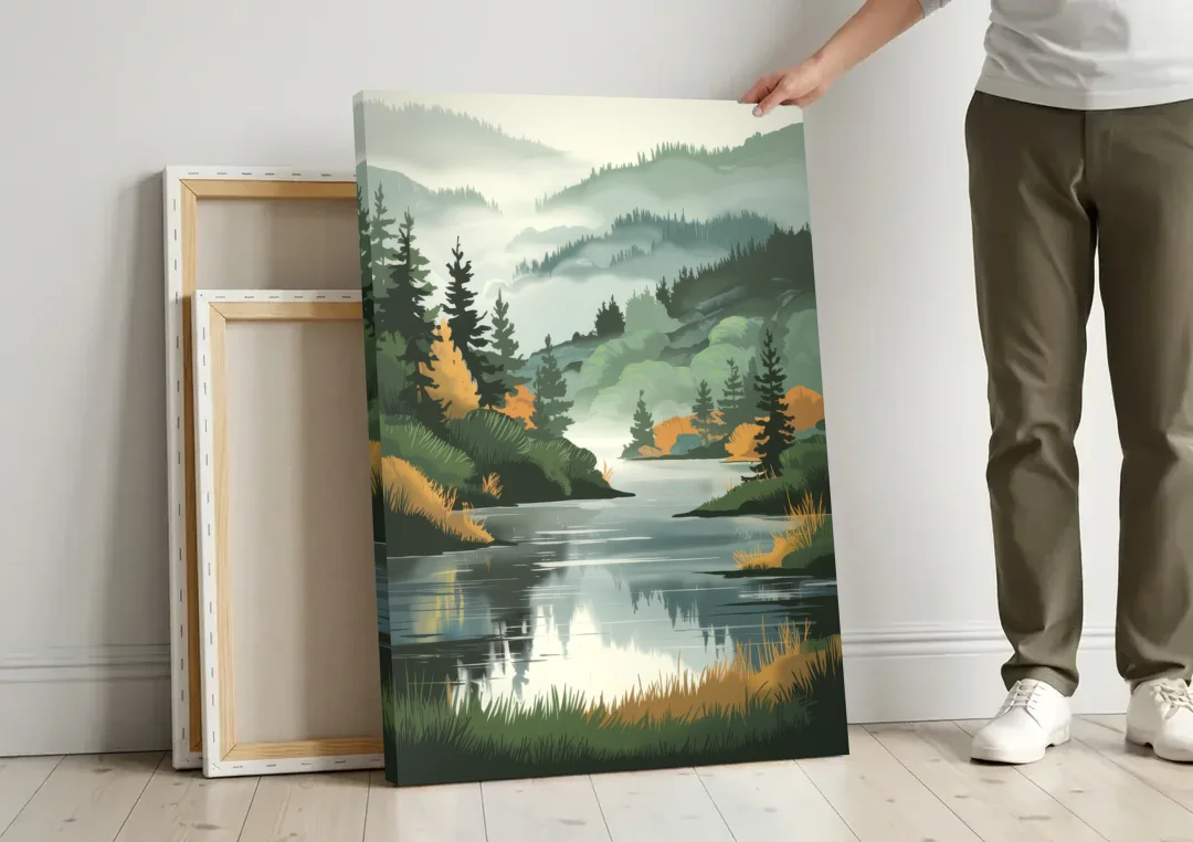Ontario Lake Reflections canvas wall art leaning against a wall next to blank canvases