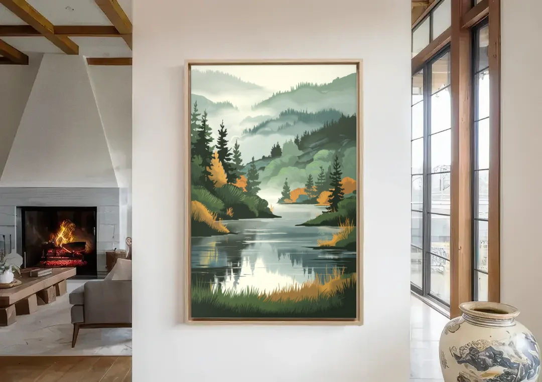 Ontario Lake Reflections canvas wall art in a living room with a fireplace