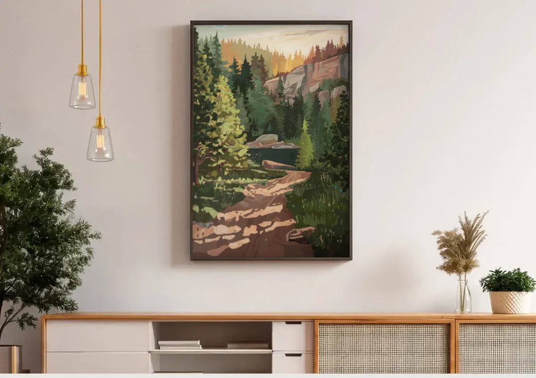 Ontario Scenic Trails canvas wall art above a wooden sideboard under pendant lights