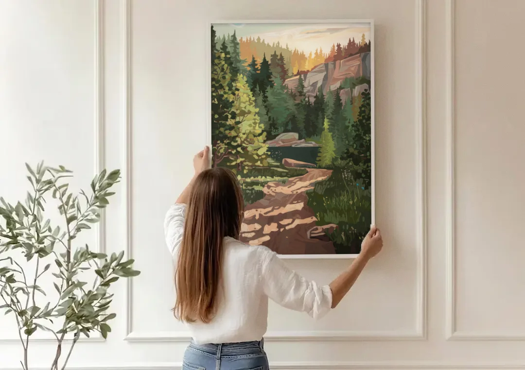 Ontario Scenic Trails canvas wall art being hung on a paneled wall