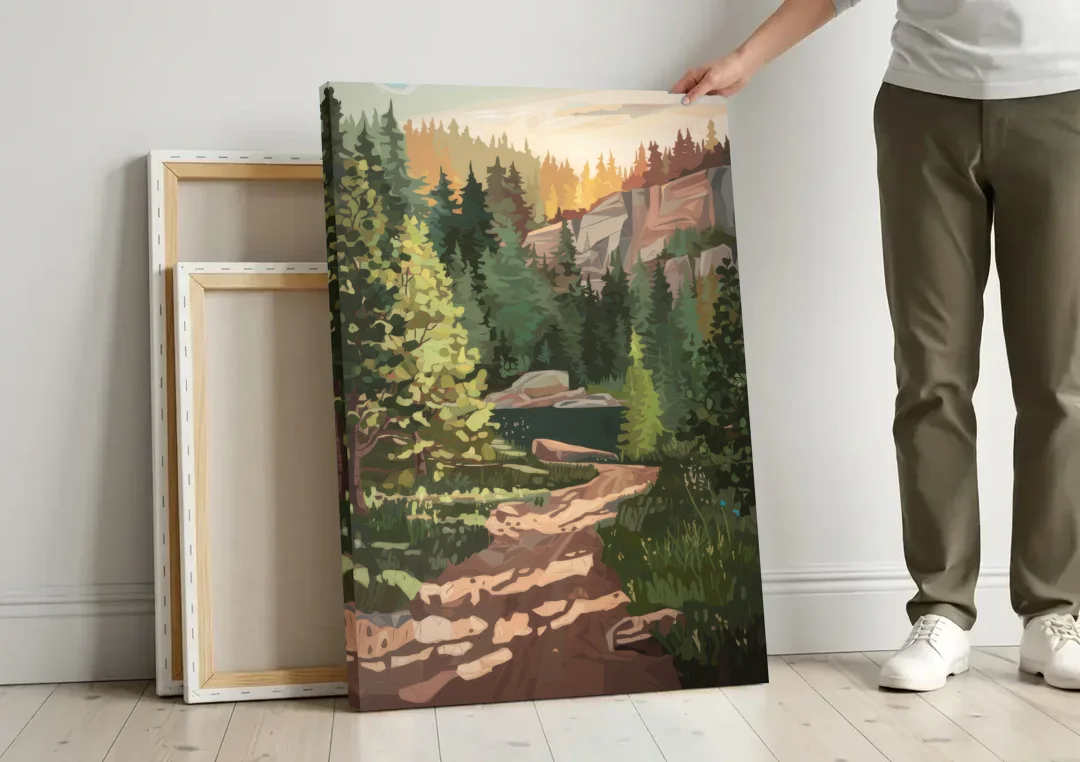 Ontario Scenic Trails canvas wall art leaning against a wall next to blank canvases