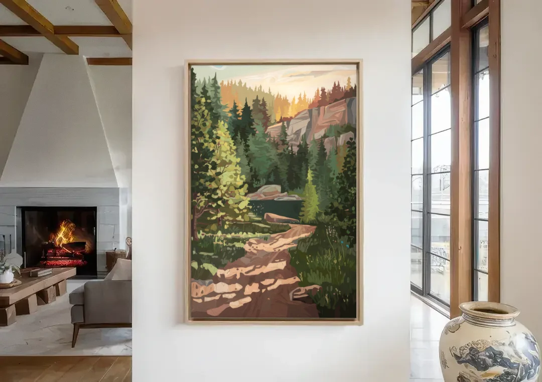 Ontario Scenic Trails canvas wall art in a living room with a fireplace