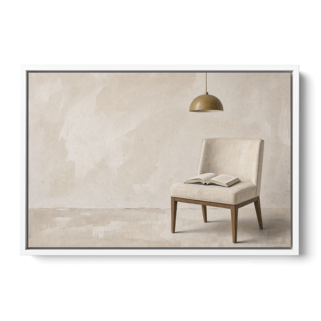 Open Book Painting on a Cream Side Chair - White Framed Canvas Wall Art - Front