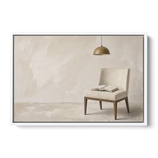 Open Book Painting on a Cream Side Chair - White Framed Canvas Wall Art - Front