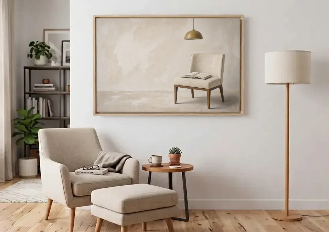 Open Book Painting on a Cream Side Chair canvas wall art above an armchair in a bright living room