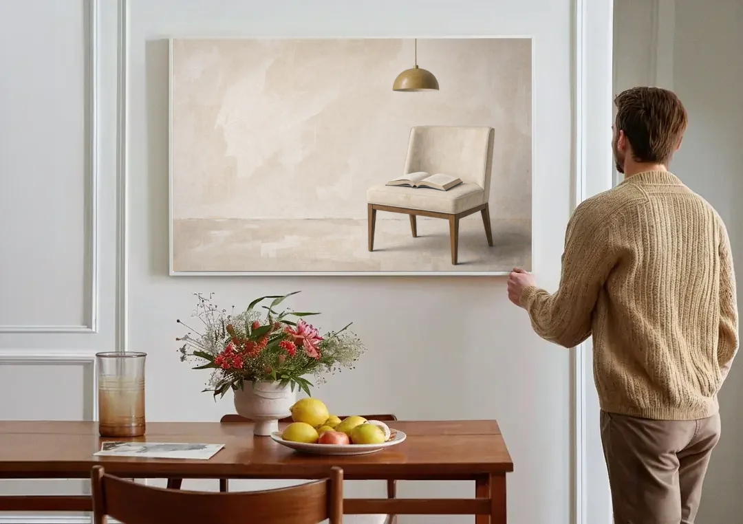 Open Book Painting on a Cream Side Chair canvas wall art above a dining table