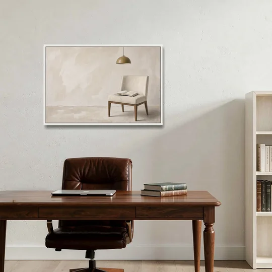 Open Book Painting on a Cream Side Chair - White Framed Canvas Wall Art - Office - 36x24