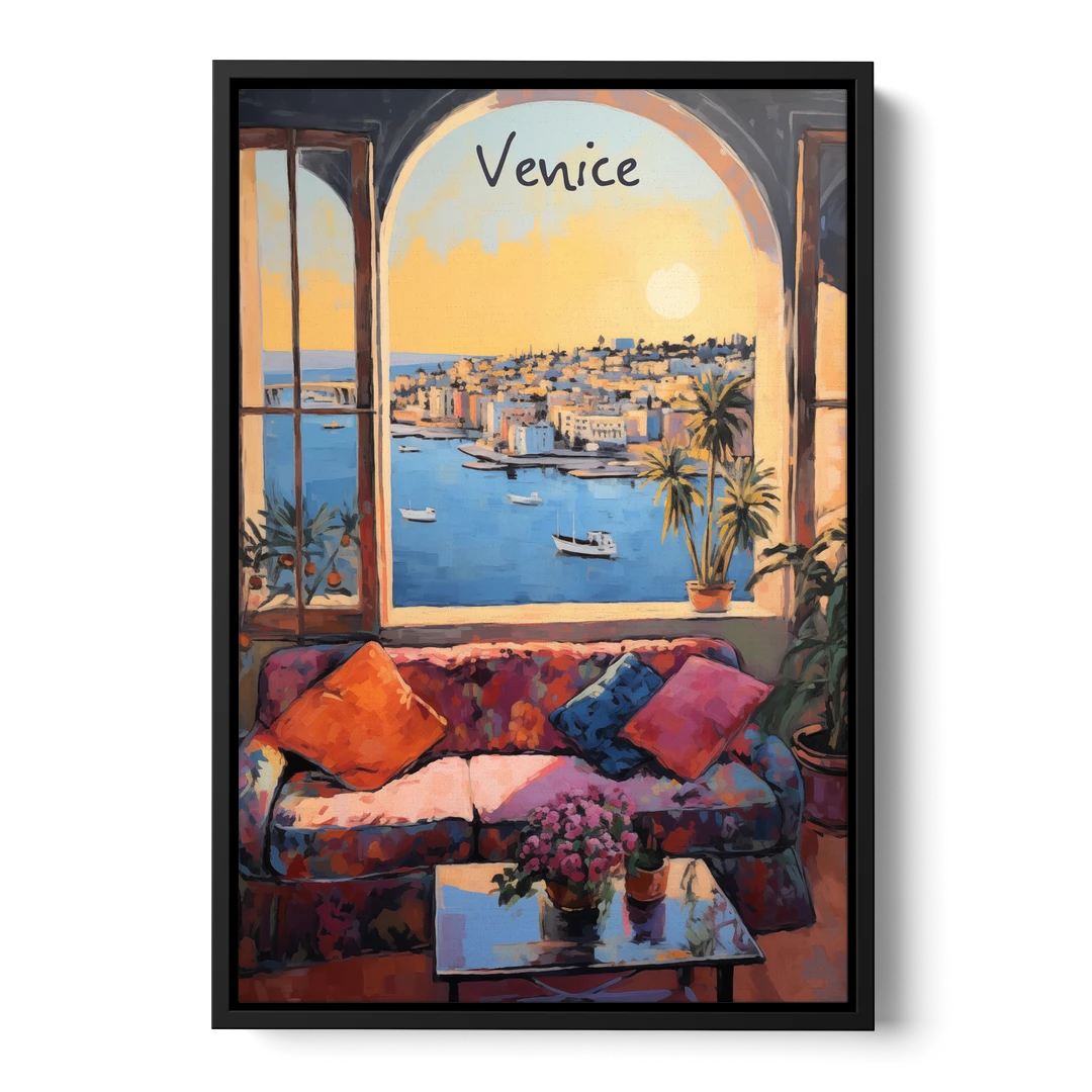 Open Window Painting of the Venice Lagoon - Black Framed Canvas Wall Art - Front