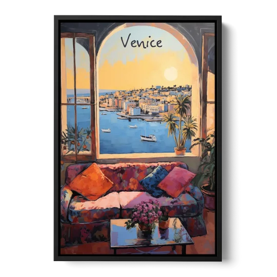 Open Window Painting of the Venice Lagoon - Black Framed Canvas Wall Art - Front