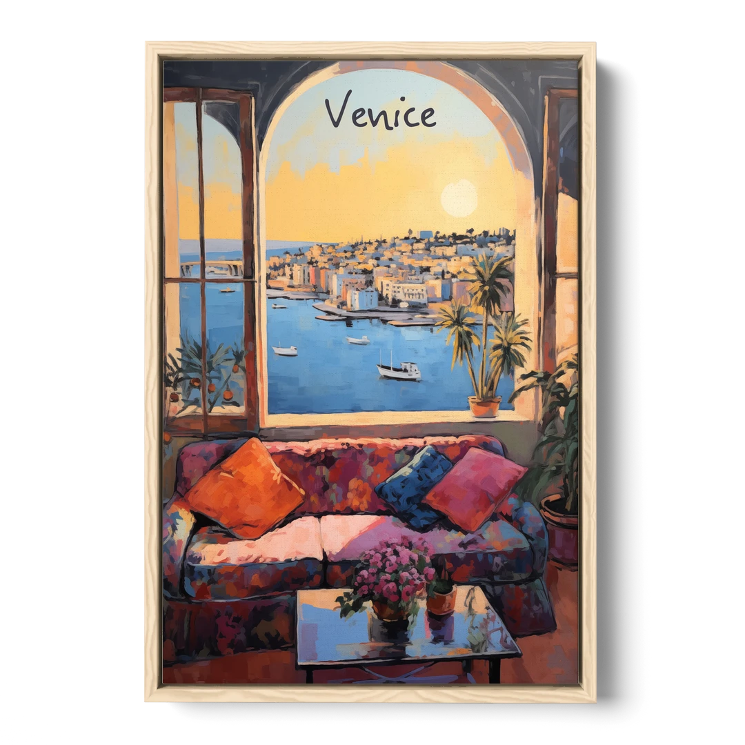 Open Window Painting of the Venice Lagoon - Oak Framed Canvas Wall Art - Front